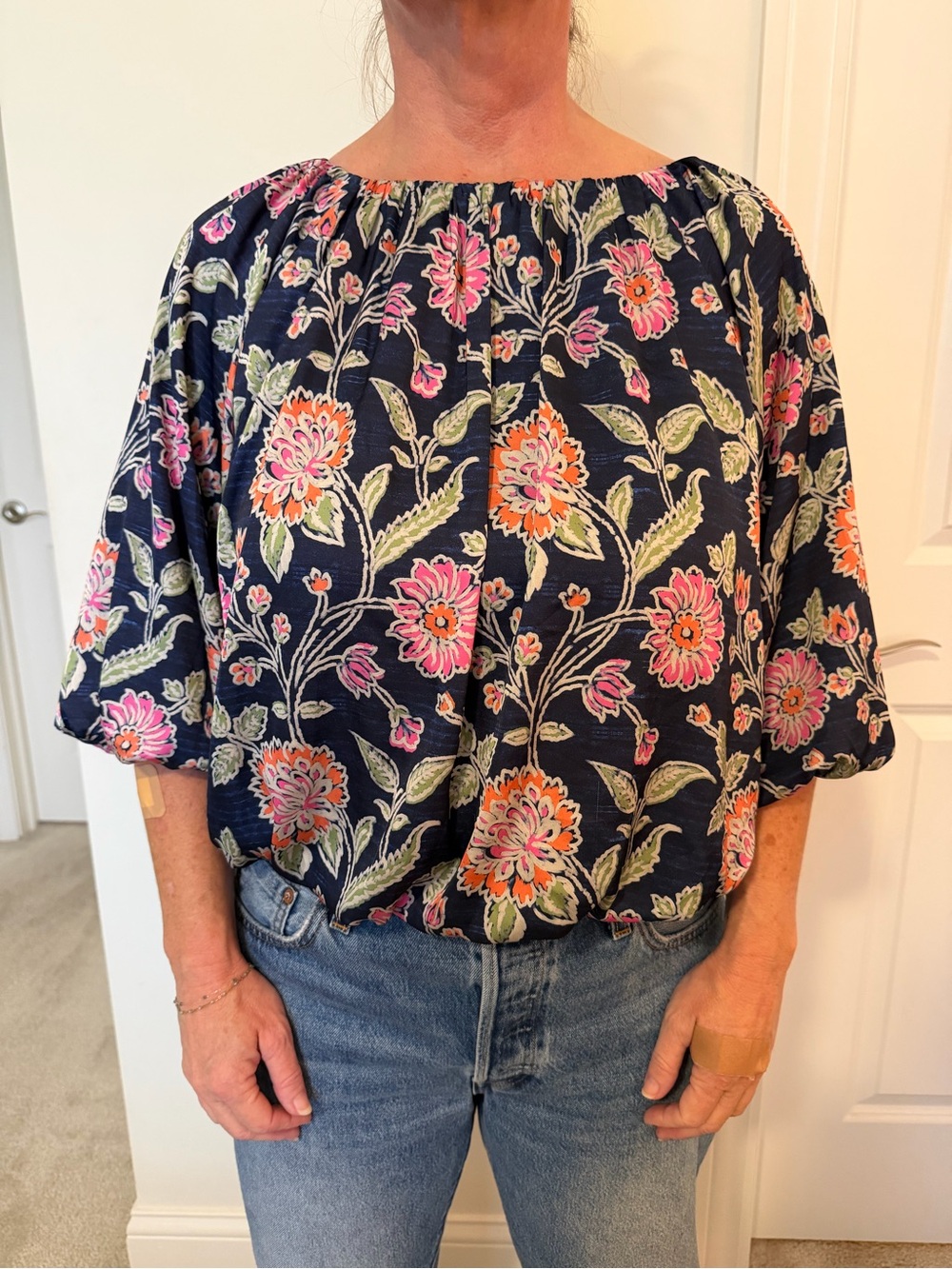 THML Navy Floral Off-Shoulder Blouse with Pink and Orange Flowers